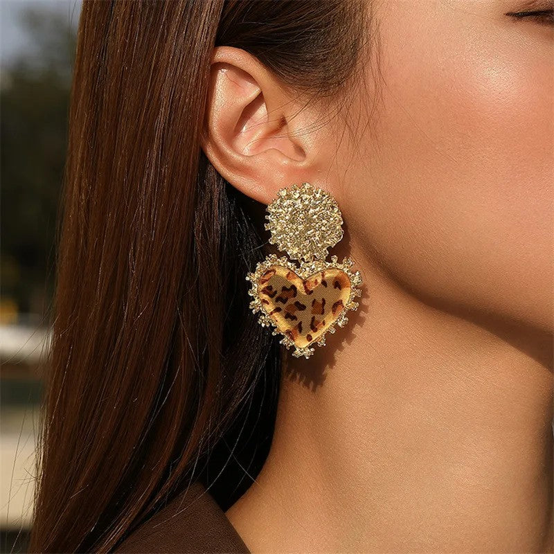 Leopard Crystal Heart Drop Earrings