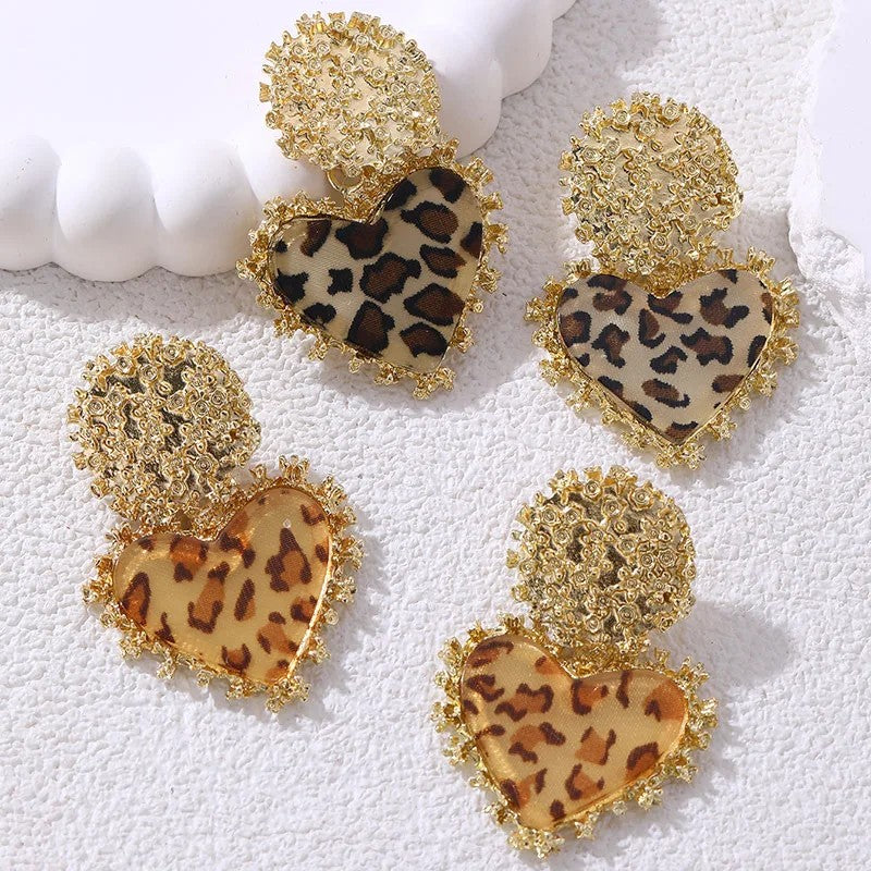 Leopard Crystal Heart Drop Earrings