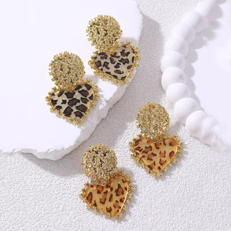 Leopard Crystal Heart Drop Earrings