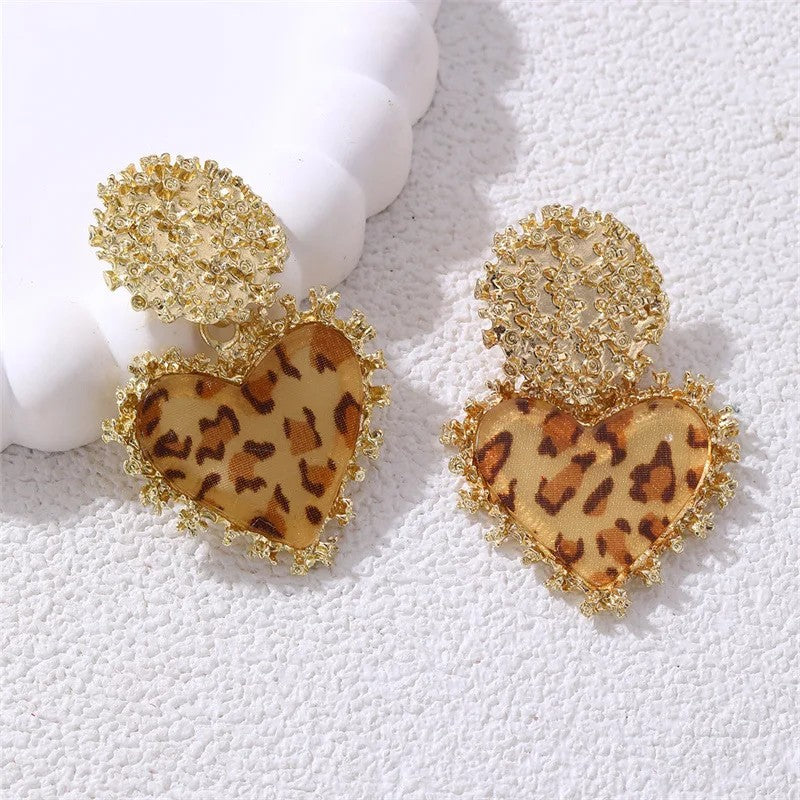 Leopard Crystal Heart Drop Earrings