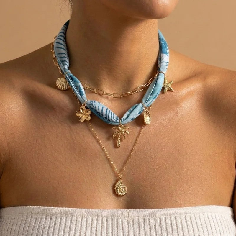 Tropical Print & Charm Layered Necklace Set