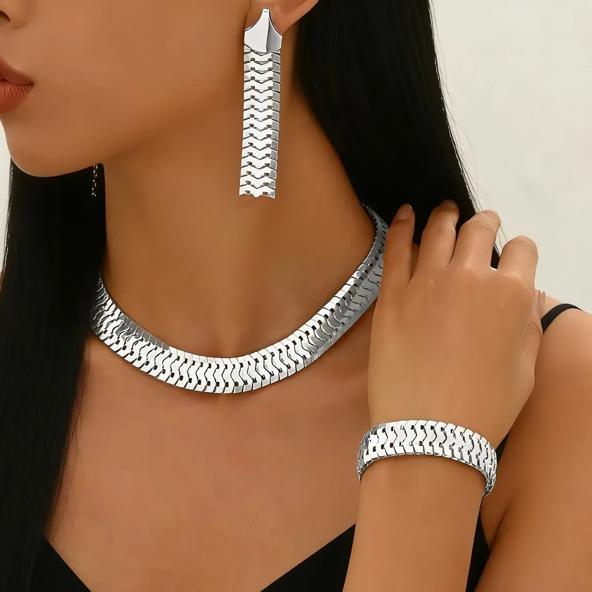 Silver Wave Link Jewelry Set