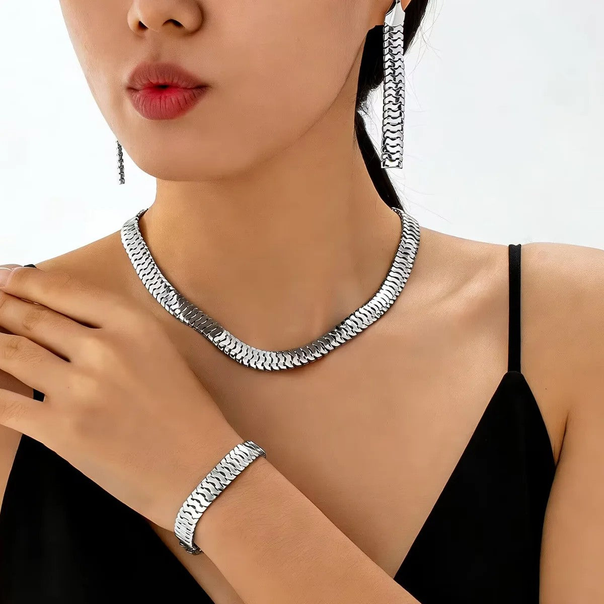 Silver Wave Link Jewelry Set