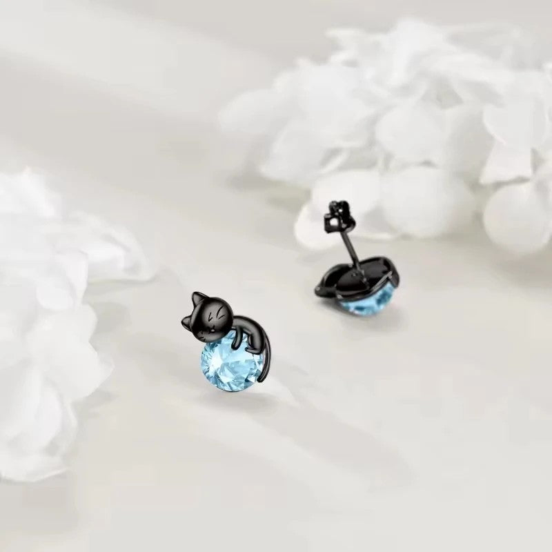 Black Cat Blue Crystal Stud Earrings
