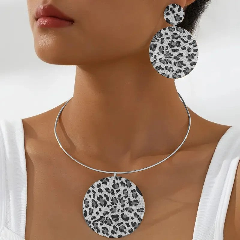 Leopard Print Circle Necklace & Earring Set