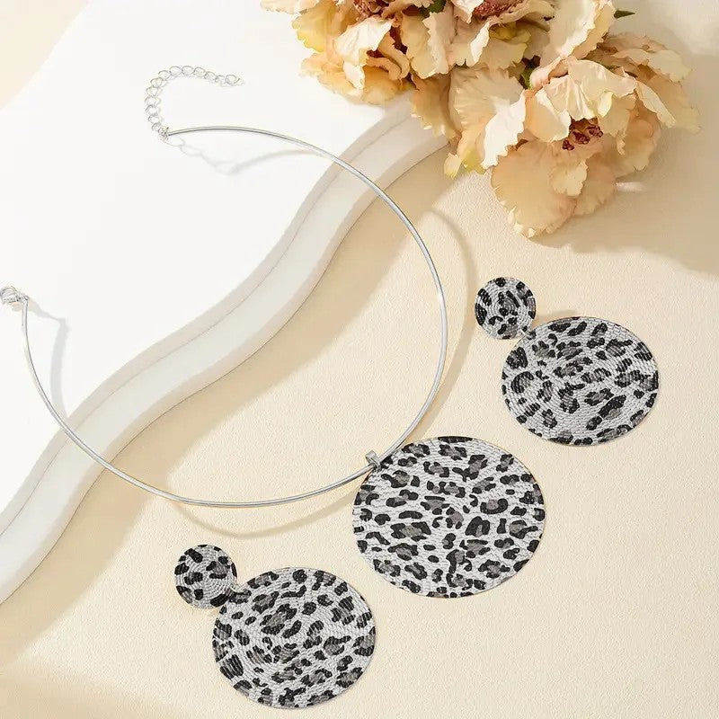 Leopard Print Circle Necklace & Earring Set