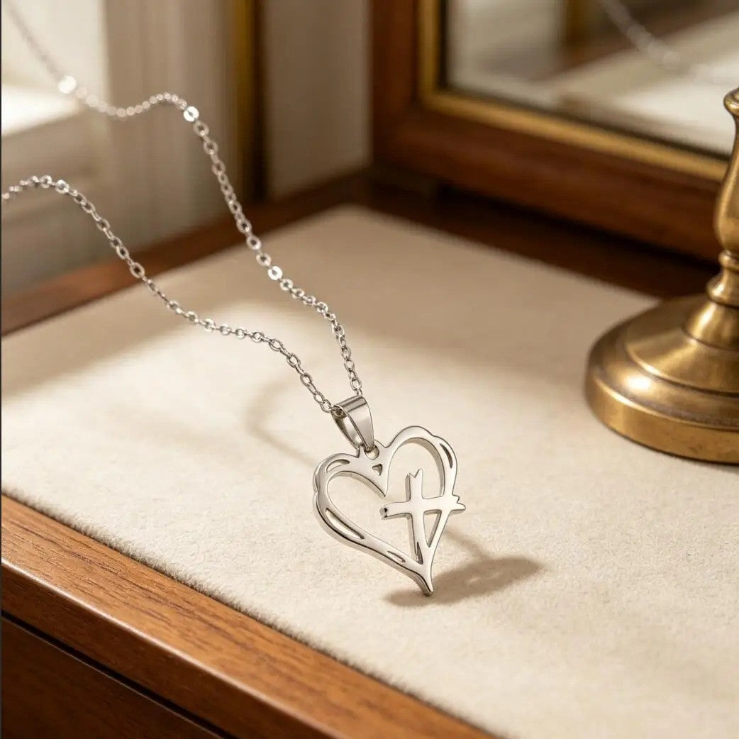 Open Heart Cross Pendant Necklace