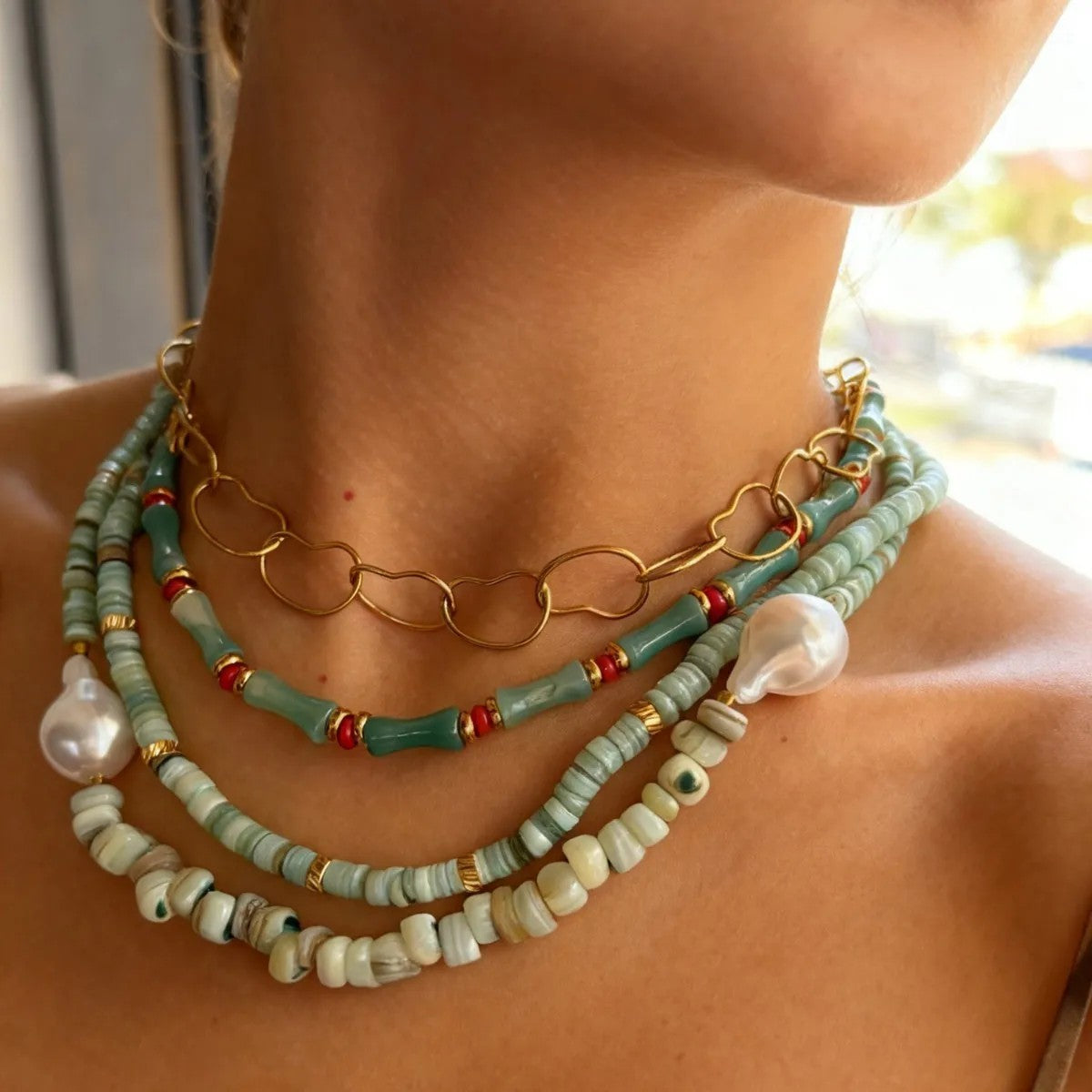 Layered Green Stone & Gold Link Necklace