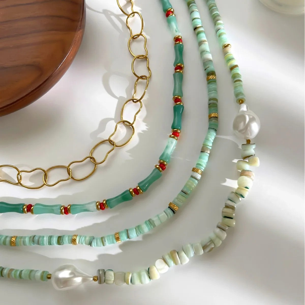 Layered Green Stone & Gold Link Necklace