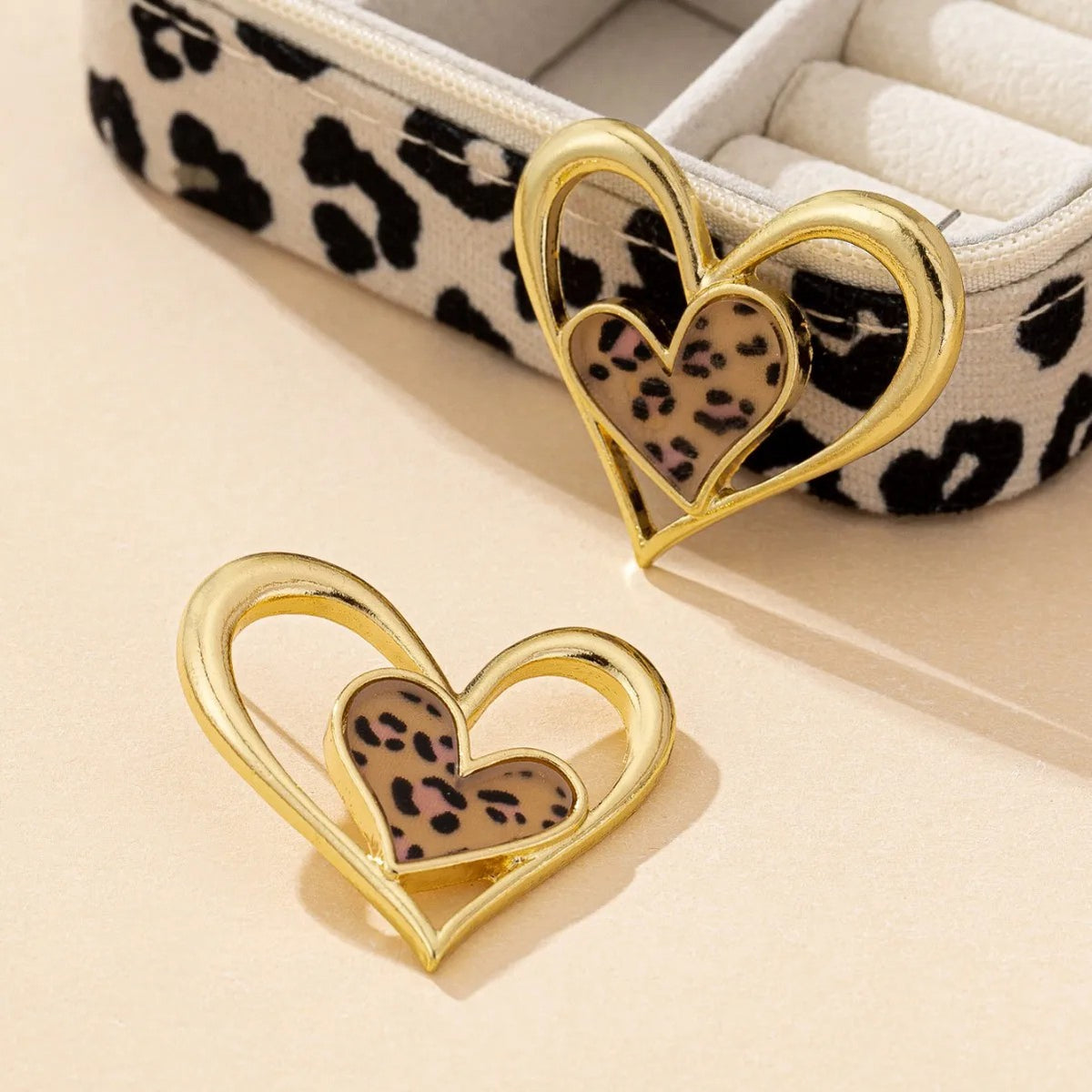 Leopard Print Double Heart Earrings