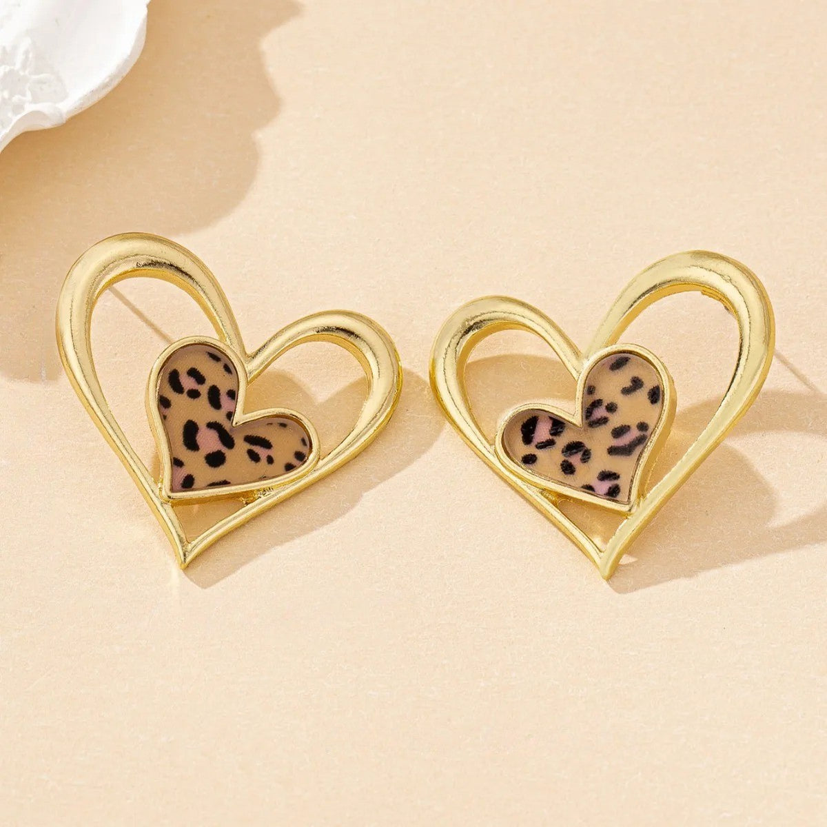 Leopard Print Double Heart Earrings