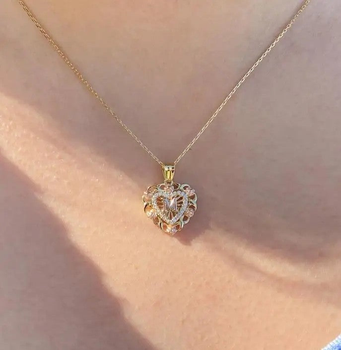 Crystal Initial Filigree Heart Necklace