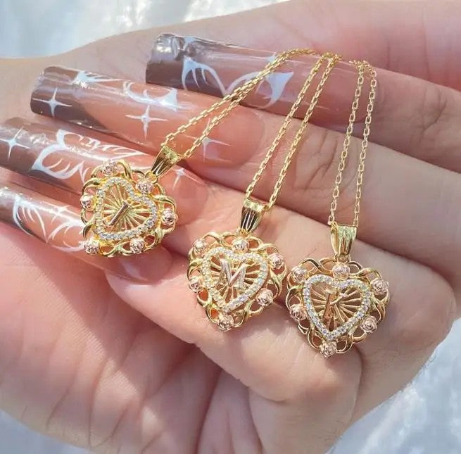 Crystal Initial Filigree Heart Necklace