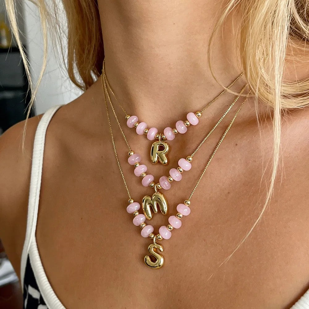Pink Bead Initial Layered Necklace