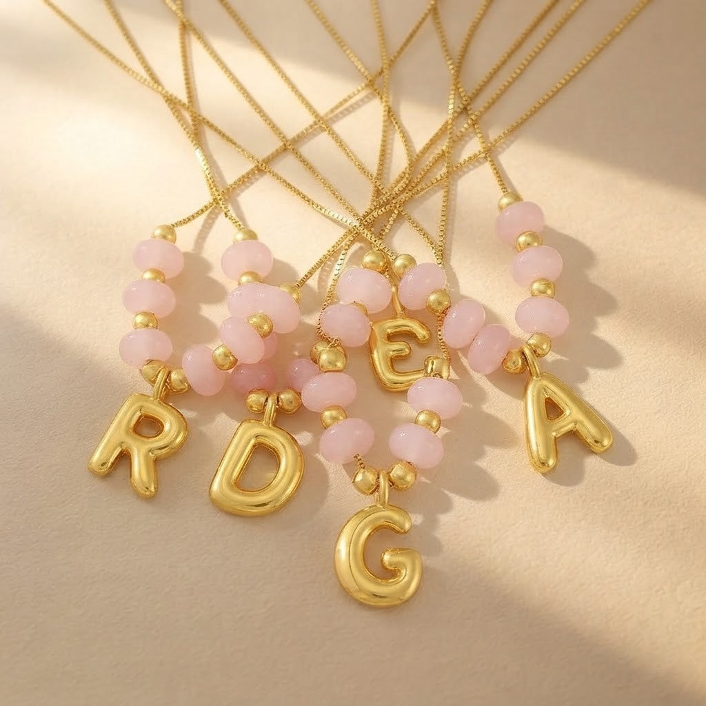 Pink Bead Initial Layered Necklace