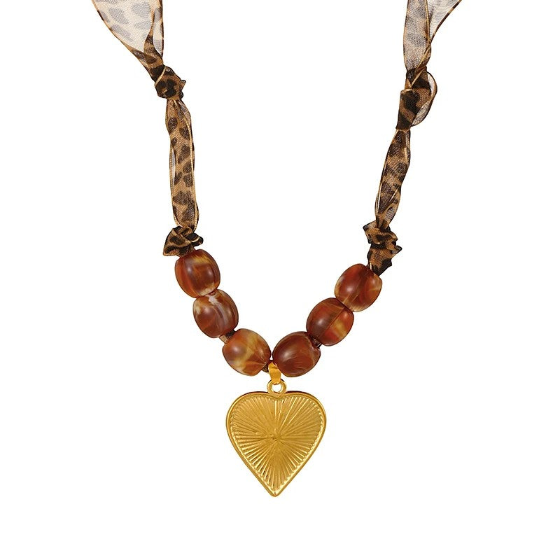 Leopard Ribbon Beaded Necklace