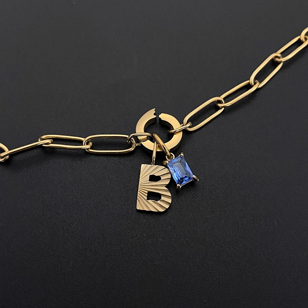 Ribbed Letter & Blue Gem Necklace