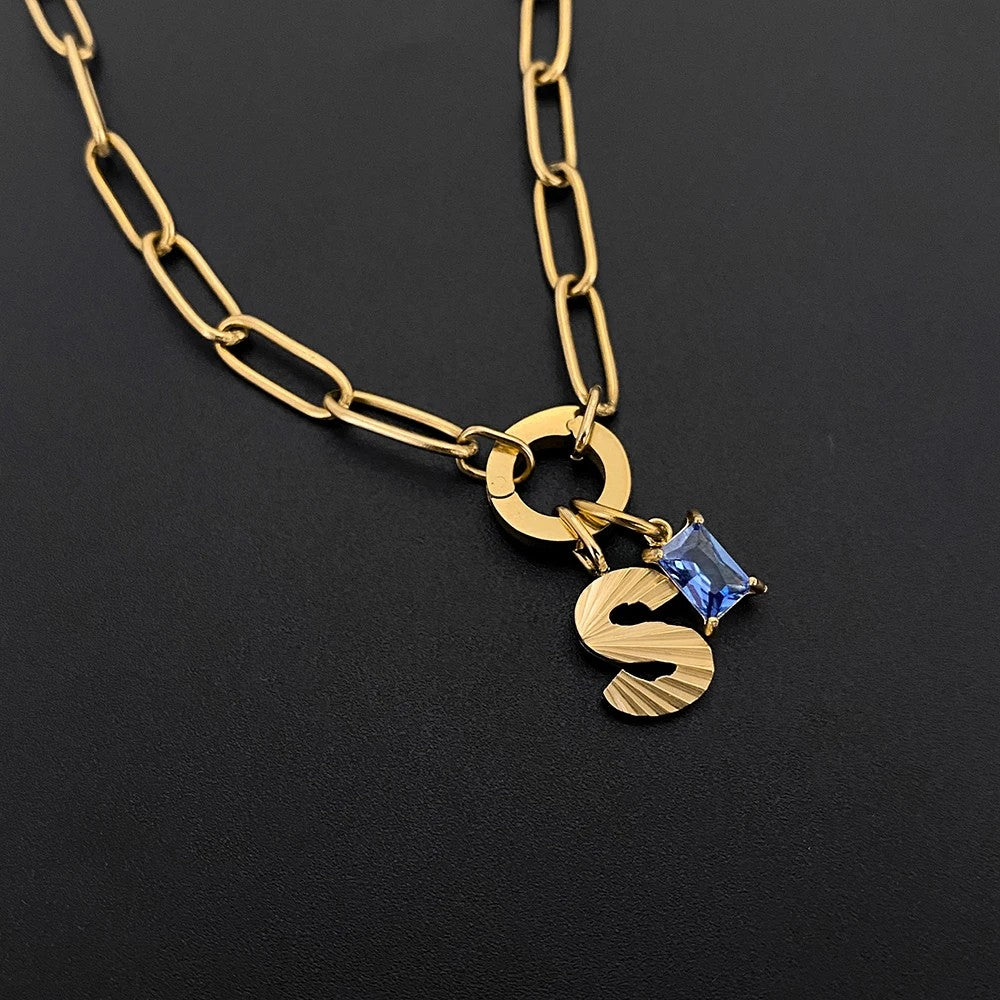 Ribbed Letter & Blue Gem Necklace
