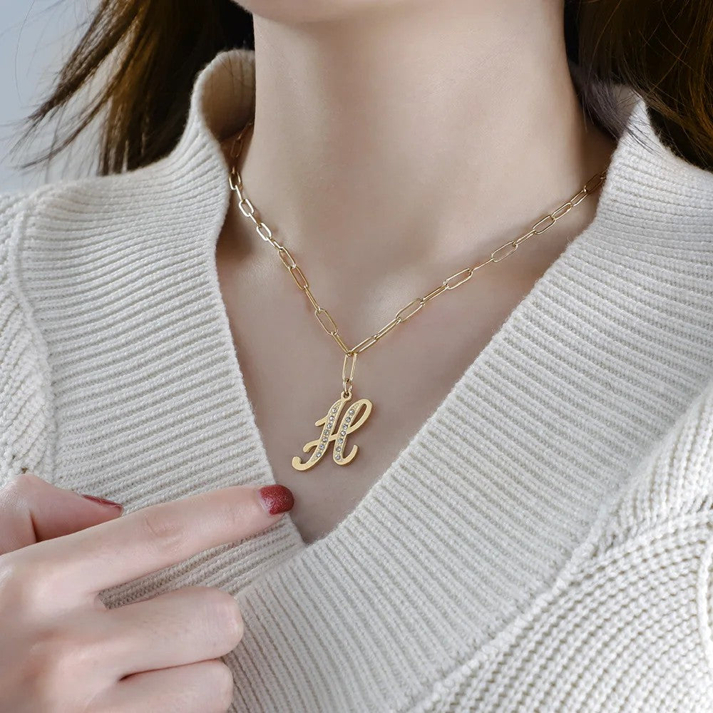 Crystal Script Initial Link Necklace