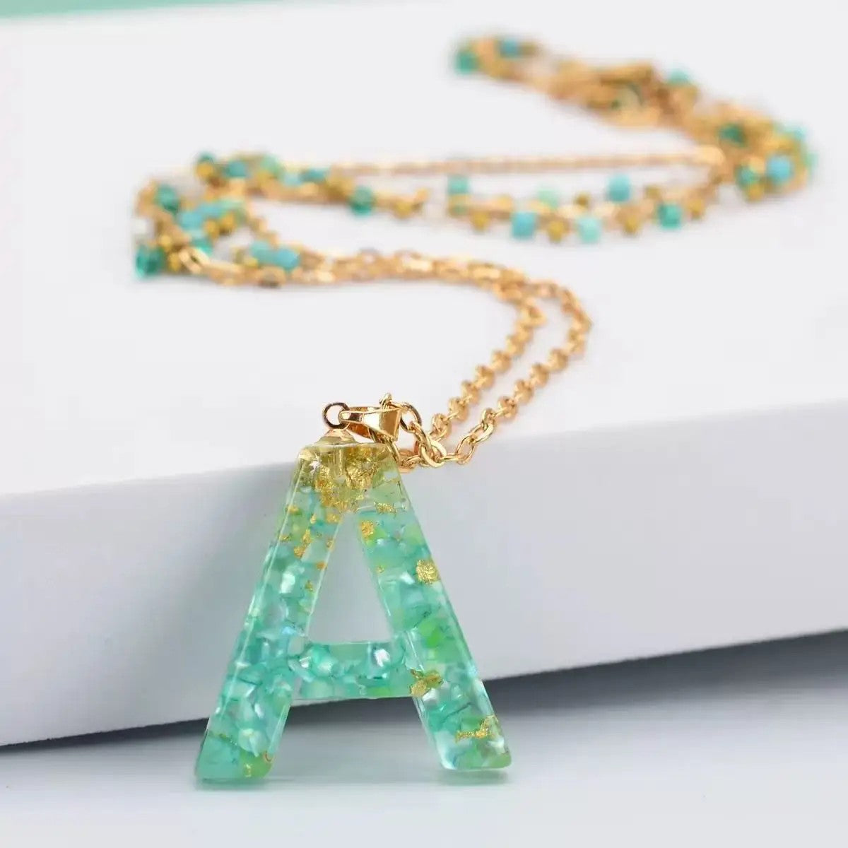 Green Gold Flake Initial Necklace