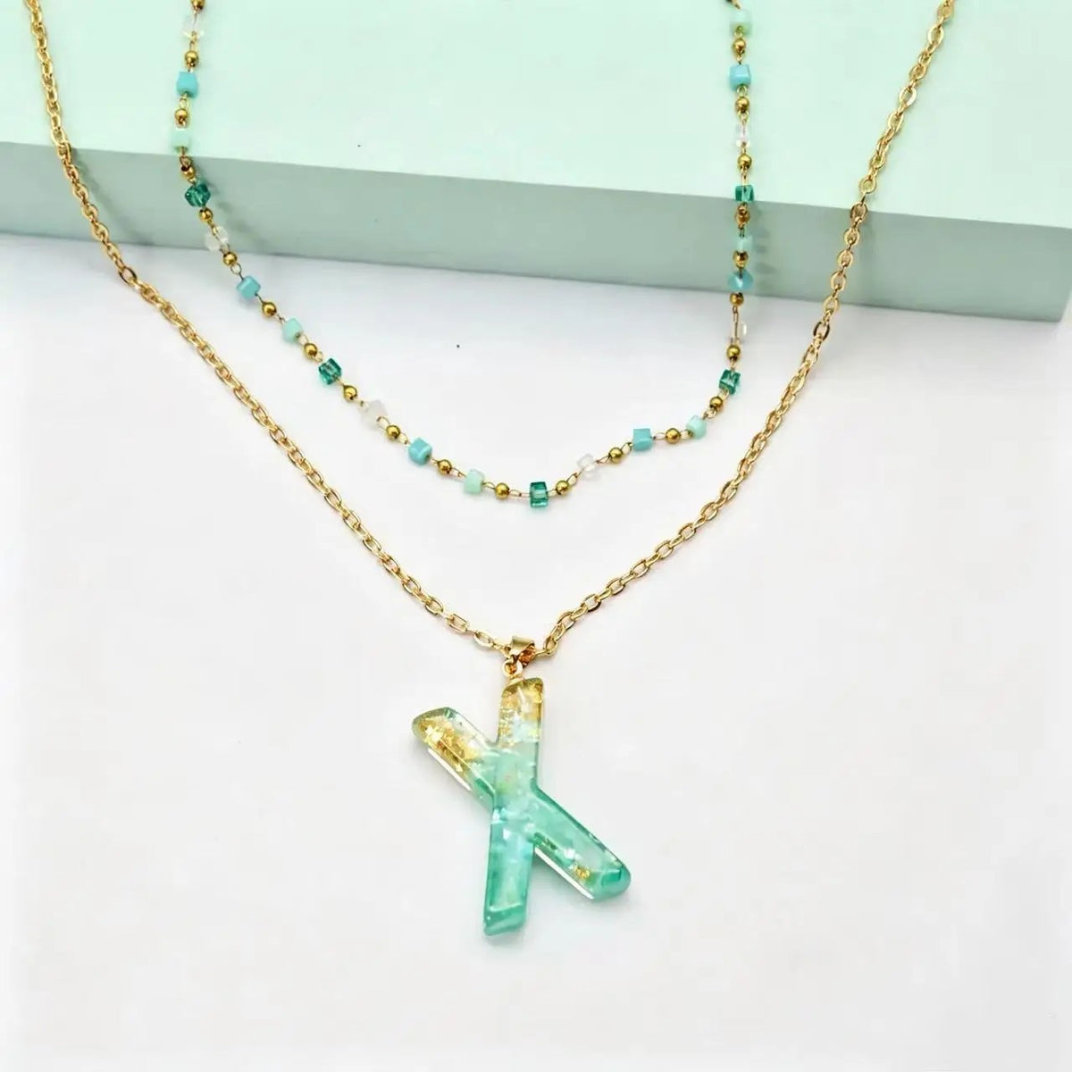 Green Gold Flake Initial Necklace
