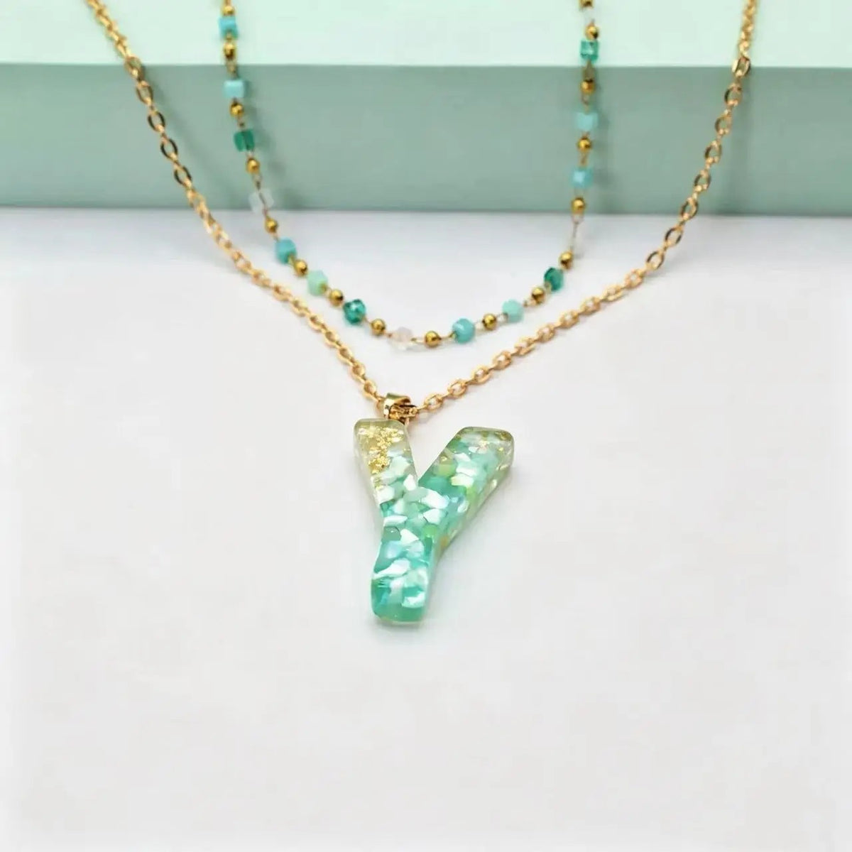 Green Gold Flake Initial Necklace