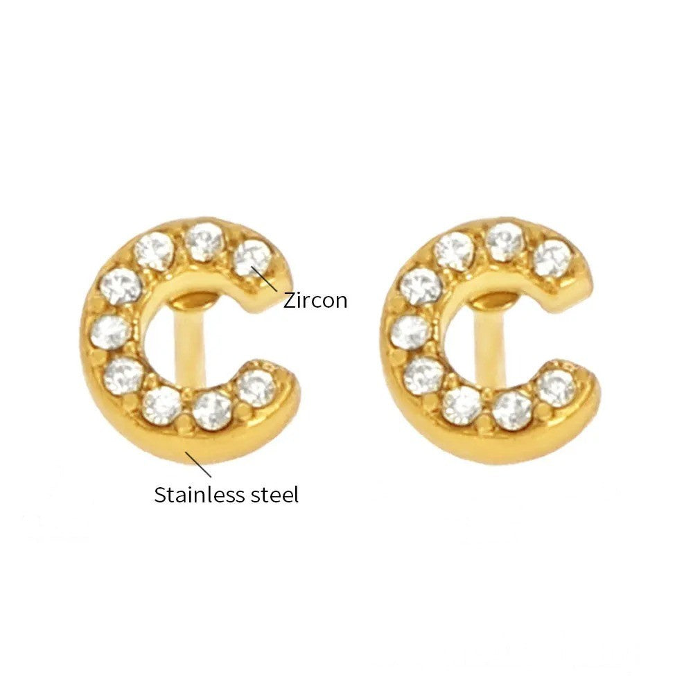 Gold Crystal Initial Letter Stud Earrings