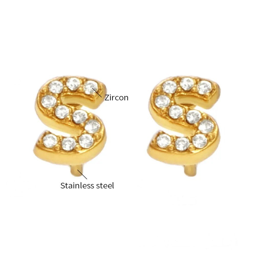 Gold Crystal Initial Letter Stud Earrings
