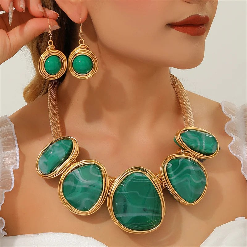 Green Stone Statement Necklace Set