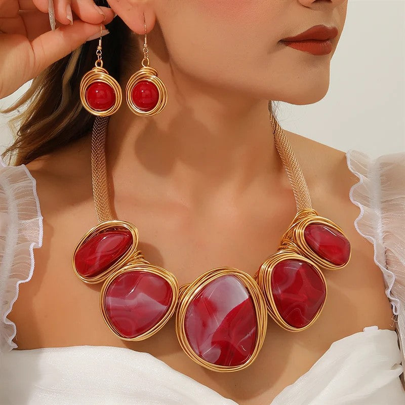 Green Stone Statement Necklace Set