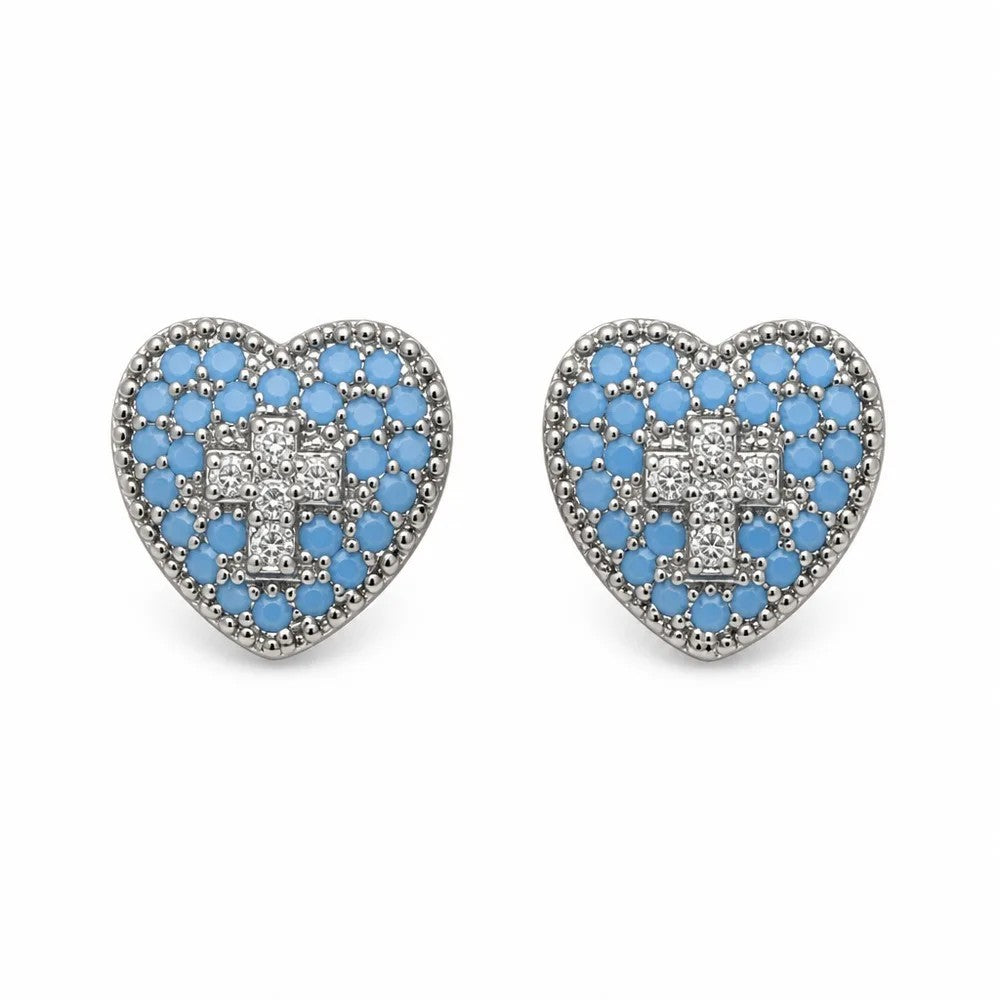 Blue Crystal Heart Cross Stud Earrings