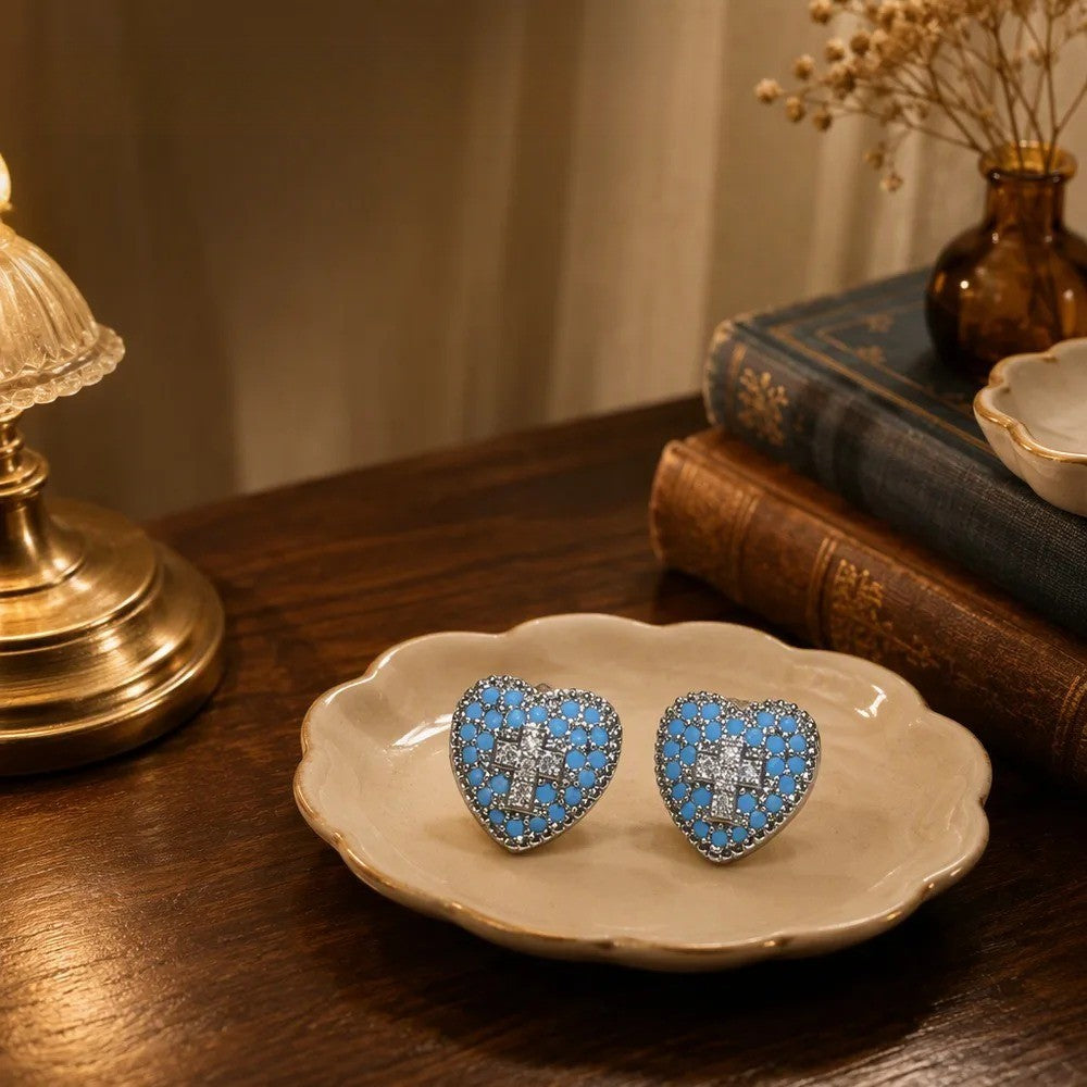 Blue Crystal Heart Cross Stud Earrings
