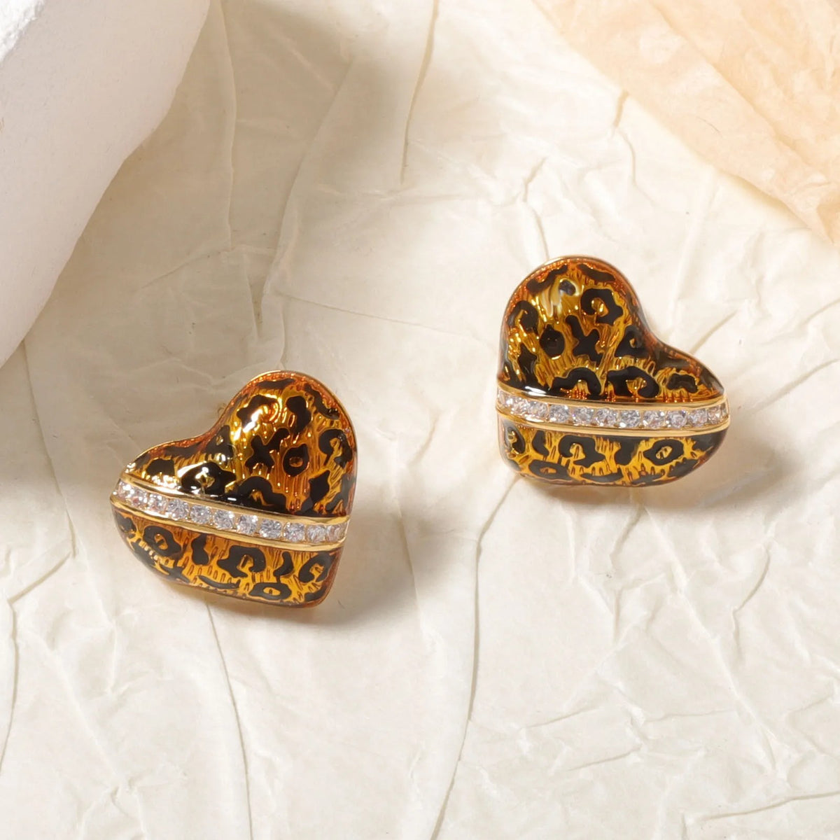 Leopard Enamel Heart Stud Earrings