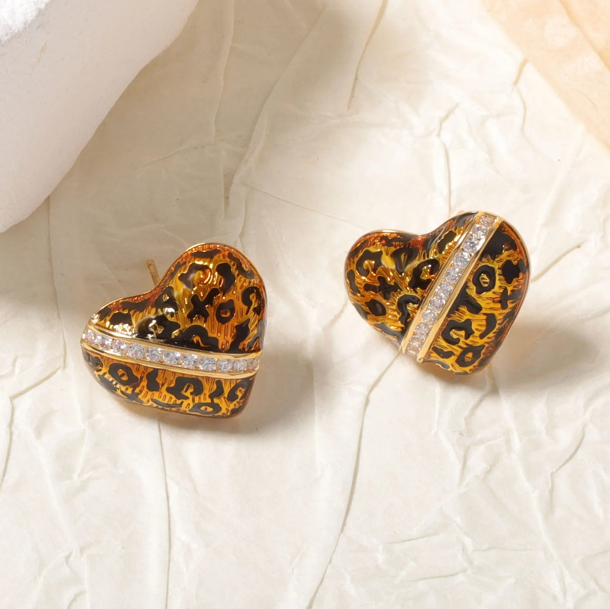 Leopard Enamel Heart Stud Earrings