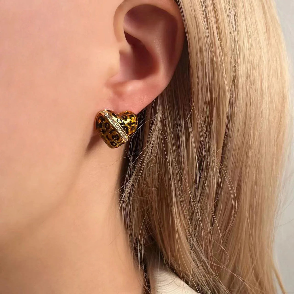 Leopard Enamel Heart Stud Earrings