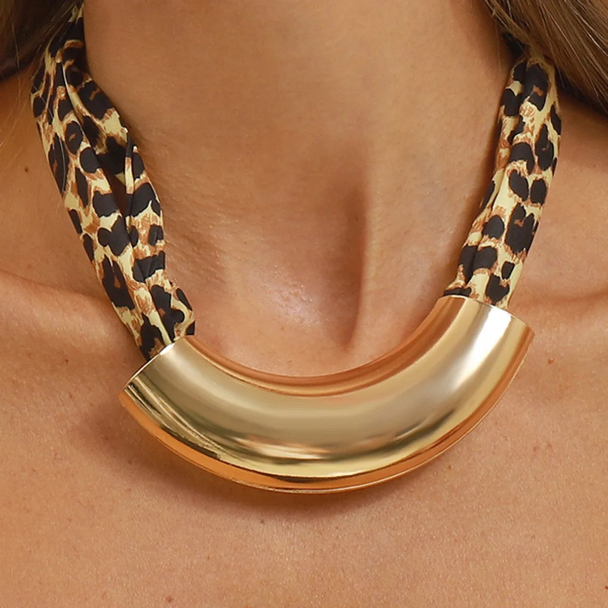 Leopard Print Curved Collar Necklace
