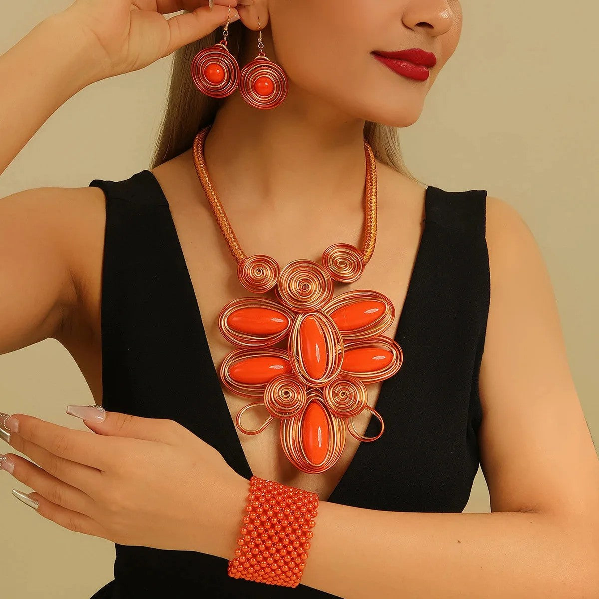 Colorful Spiral Flower Statement Necklace Set