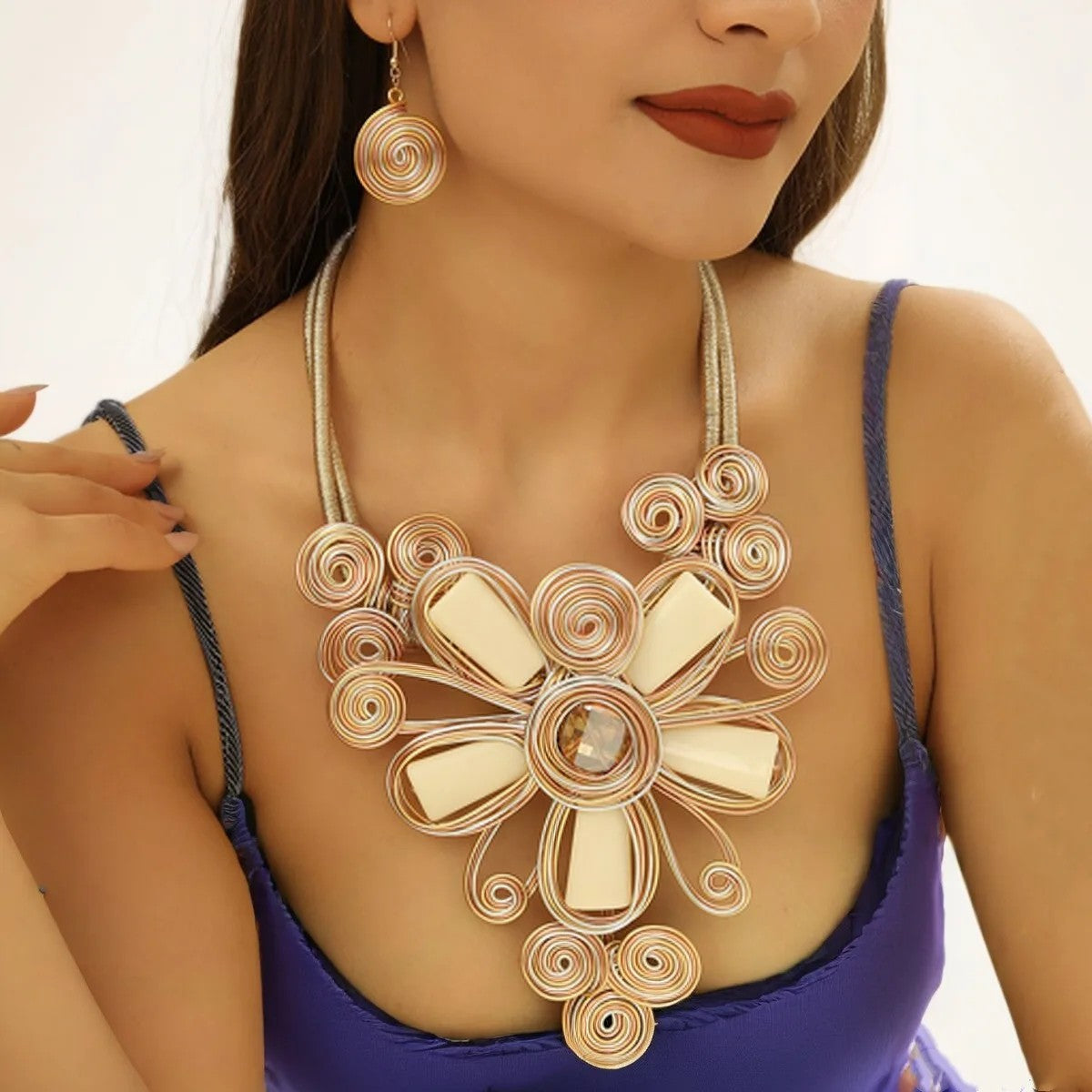 Colorful Spiral Flower Statement Necklace Set