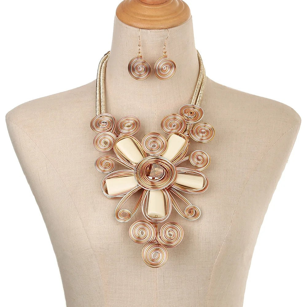 Colorful Spiral Flower Statement Necklace Set
