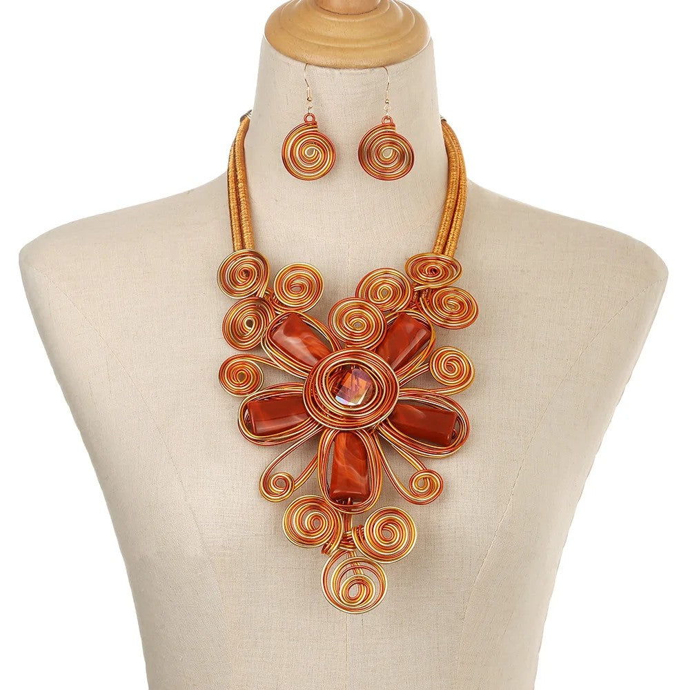 Colorful Spiral Flower Statement Necklace Set