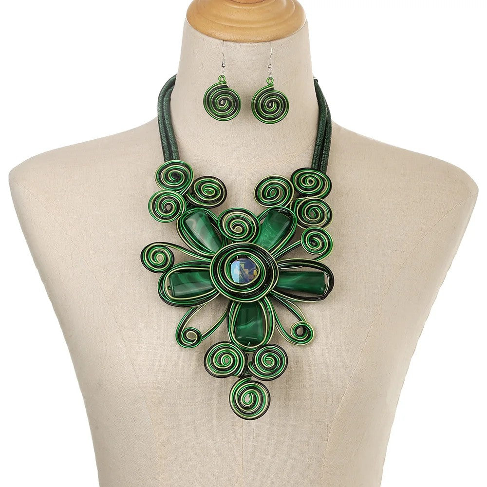 Colorful Spiral Flower Statement Necklace Set