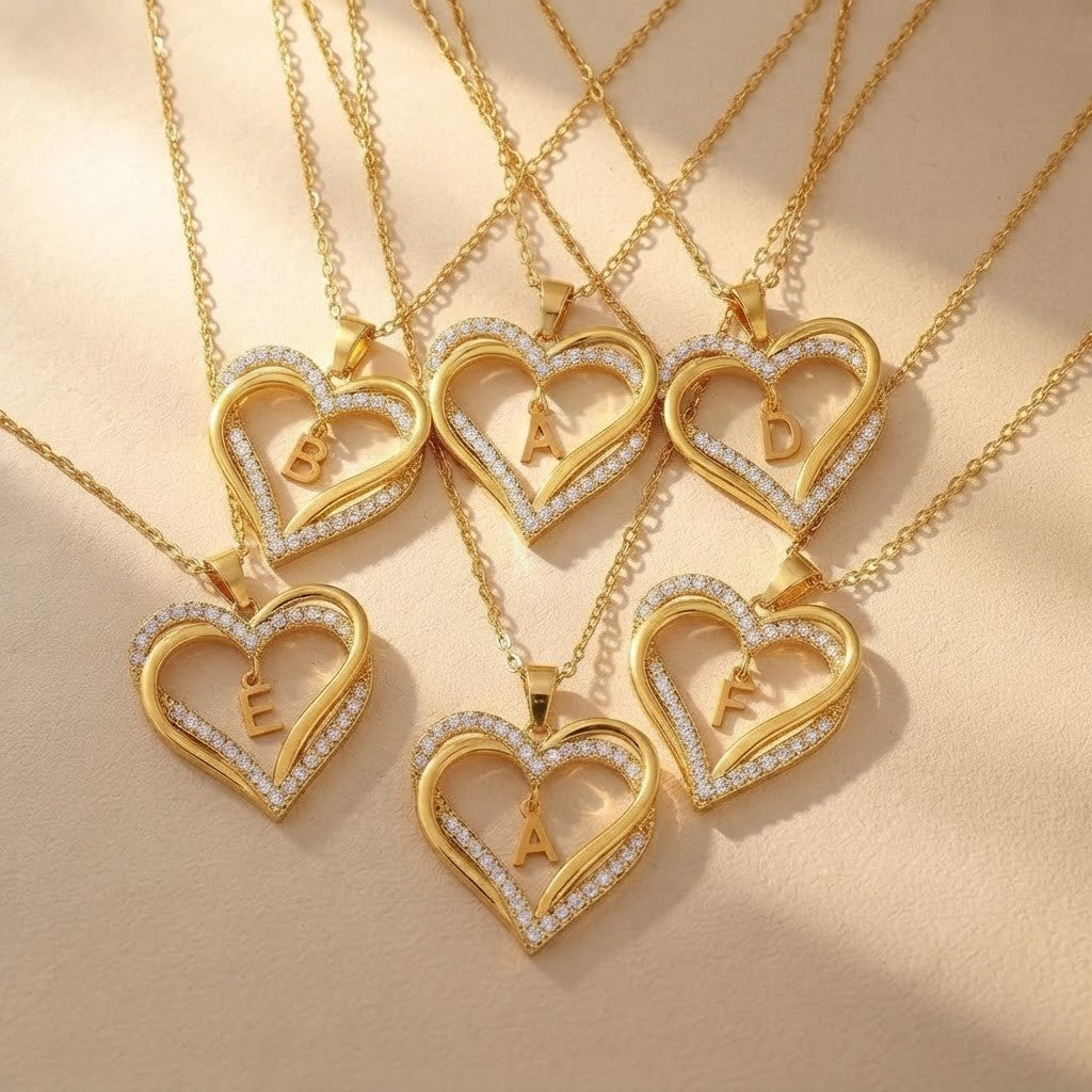 Crystal Heart Initial Necklace