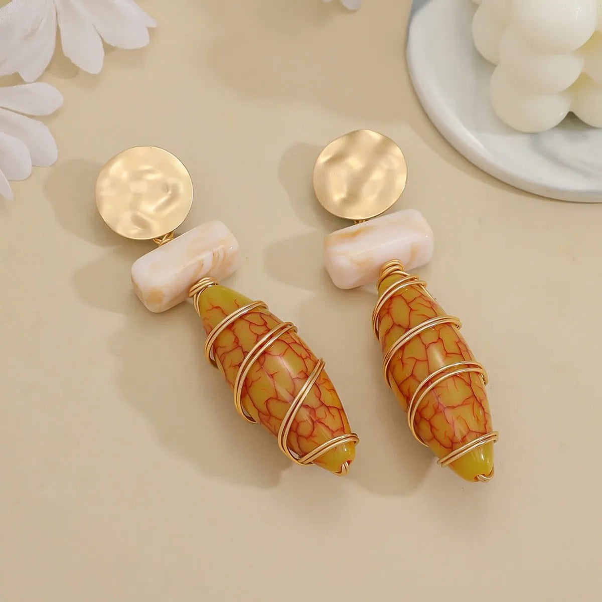 Wire Wrapped Resin Drop Earrings