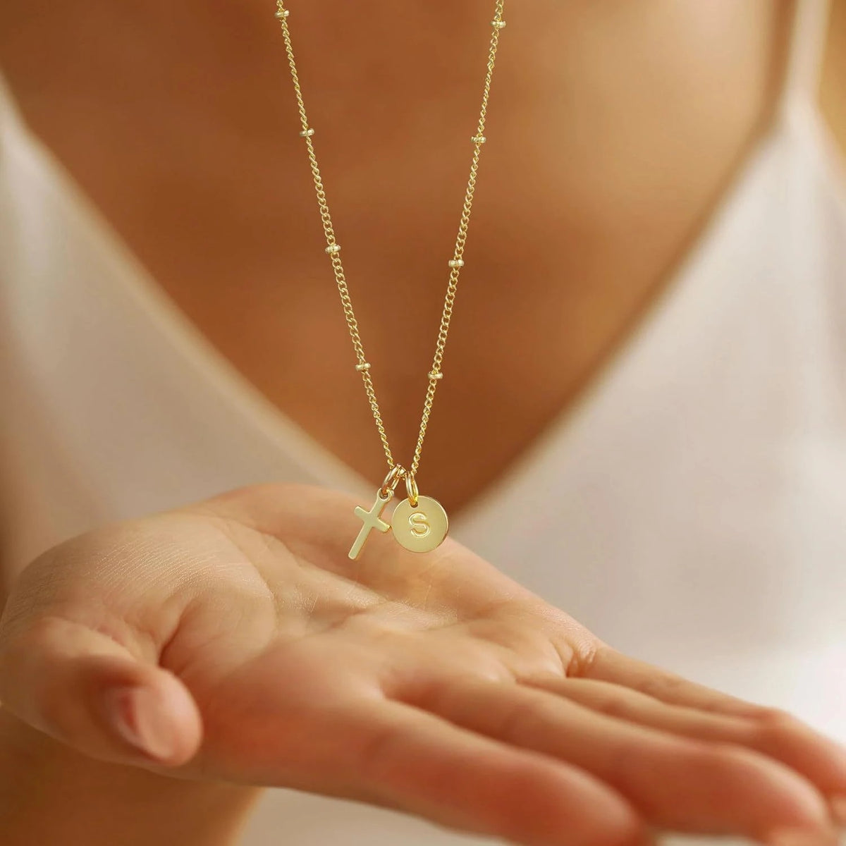 Cross Initial Disc Necklace