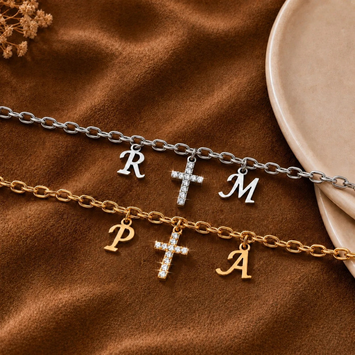 Dual Initial & Crystal Cross Bracelet