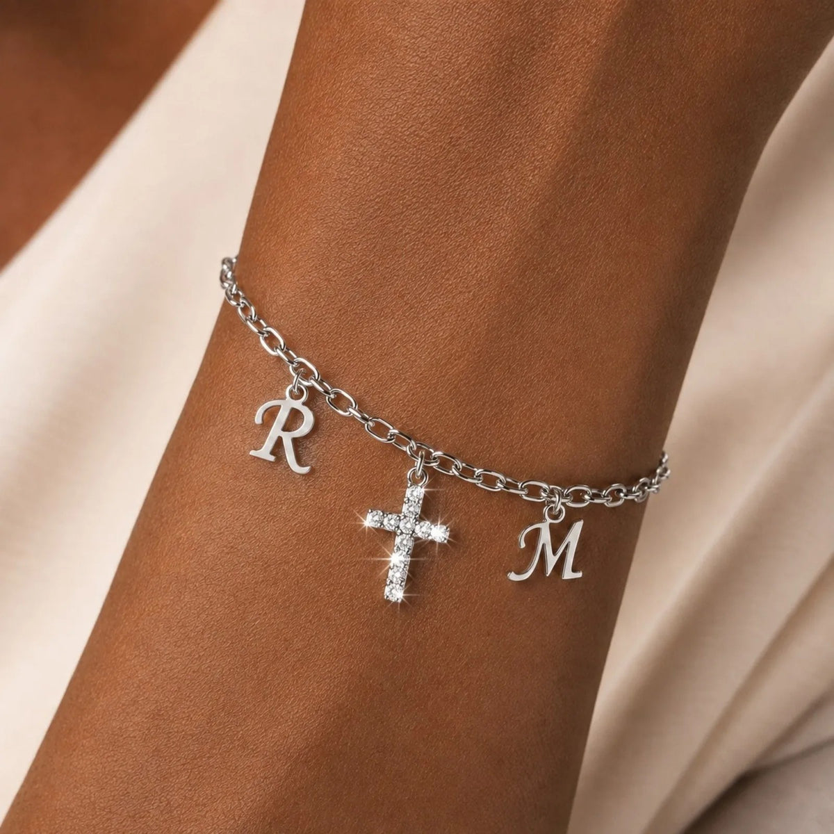 Dual Initial & Crystal Cross Bracelet