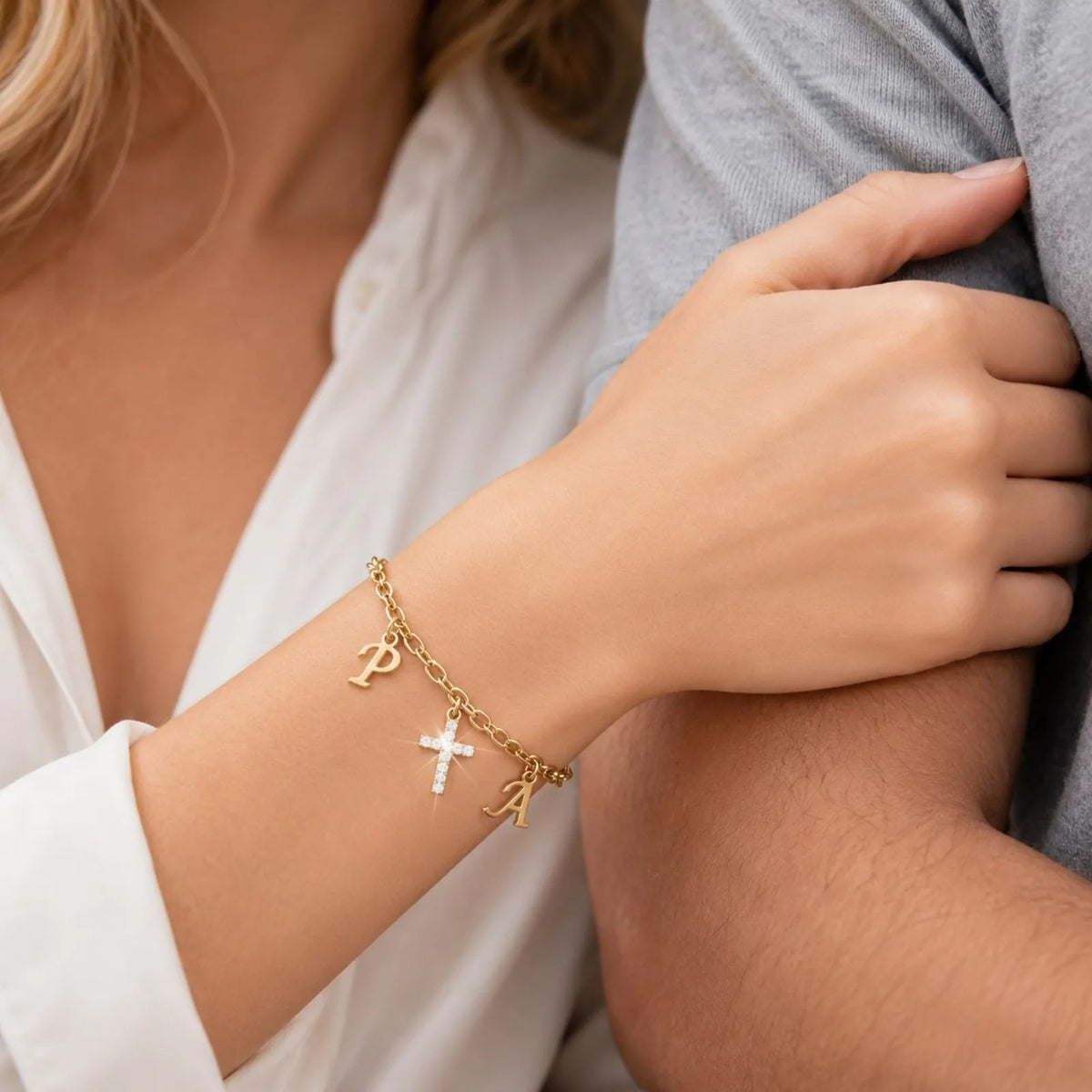 Dual Initial & Crystal Cross Bracelet