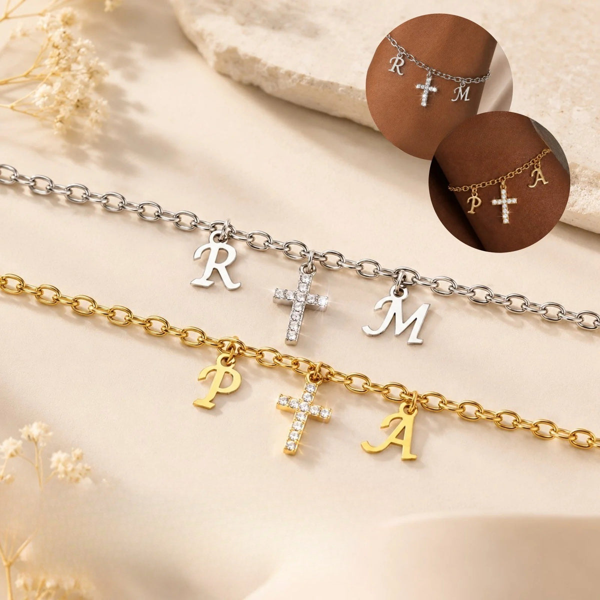 Dual Initial & Crystal Cross Bracelet