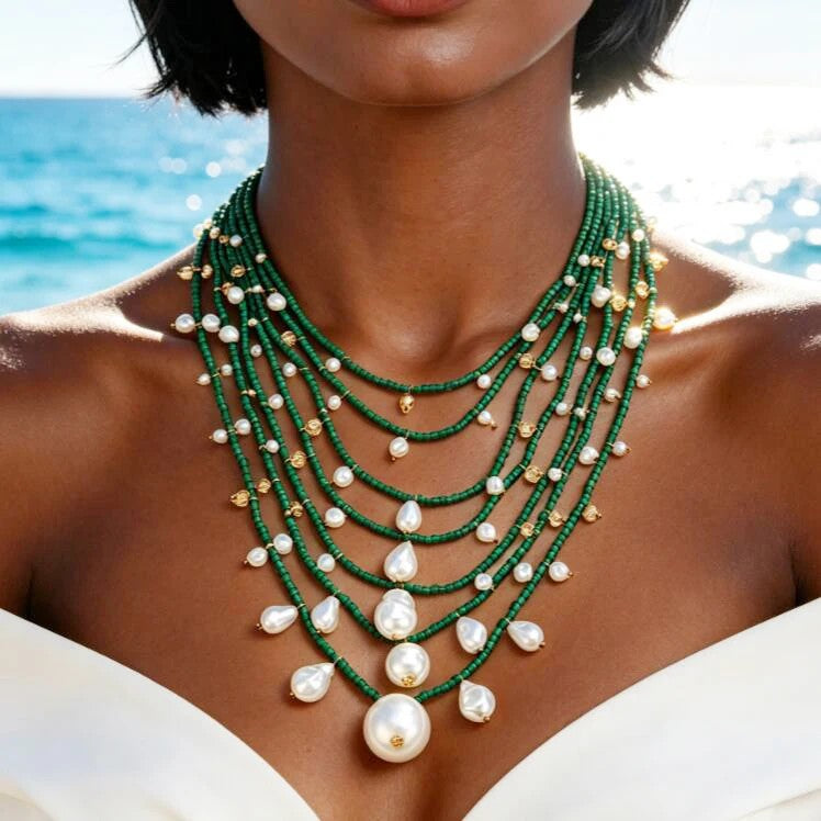 Green Bead Layered Pearl Necklace