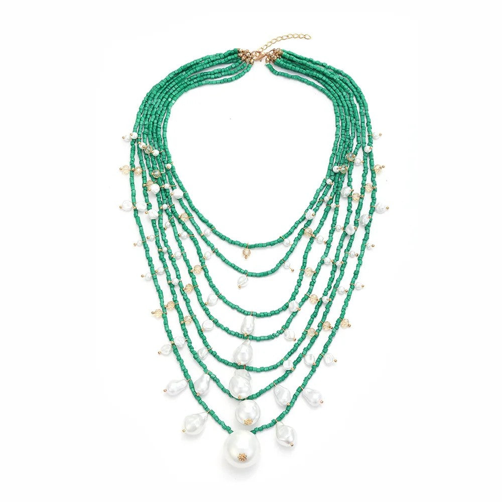 Green Bead Layered Pearl Necklace